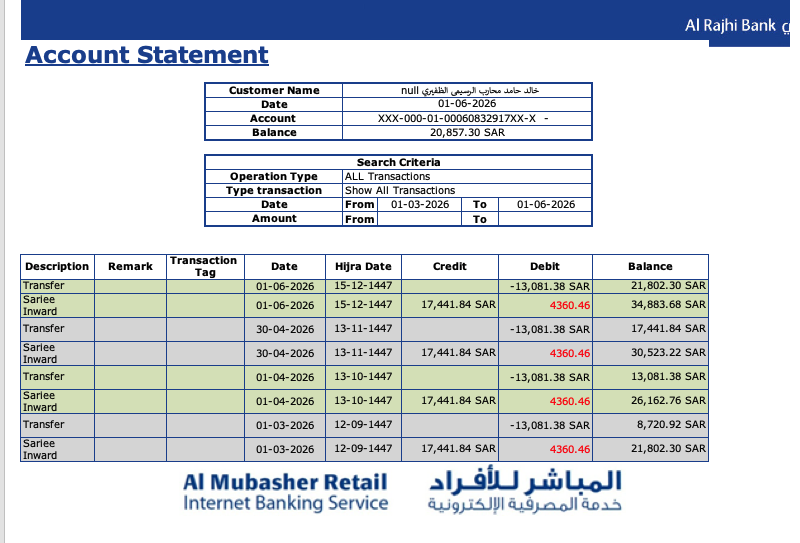 دليل خصم البنك من كشف حساب الراجحي
