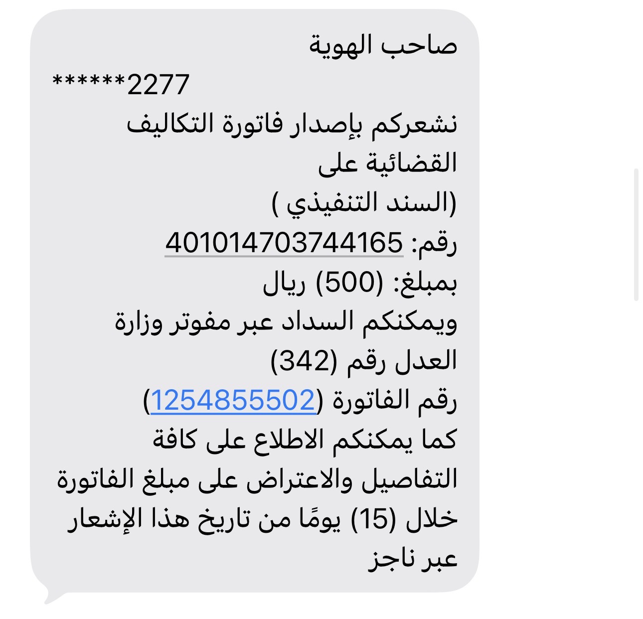 فاتورة تكاليف قضائية من وزارة العدل السعودية - الثانية